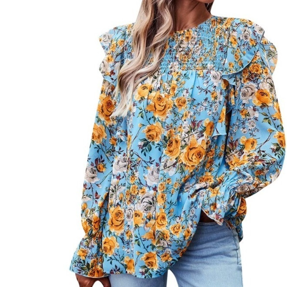 Blue Yellow Floral Smocked Feminine Ruffle Chiffon Blouse Small NWT